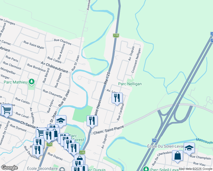 map of restaurants, bars, coffee shops, grocery stores, and more near 1343 Chemin Saint-Henri in Mascouche