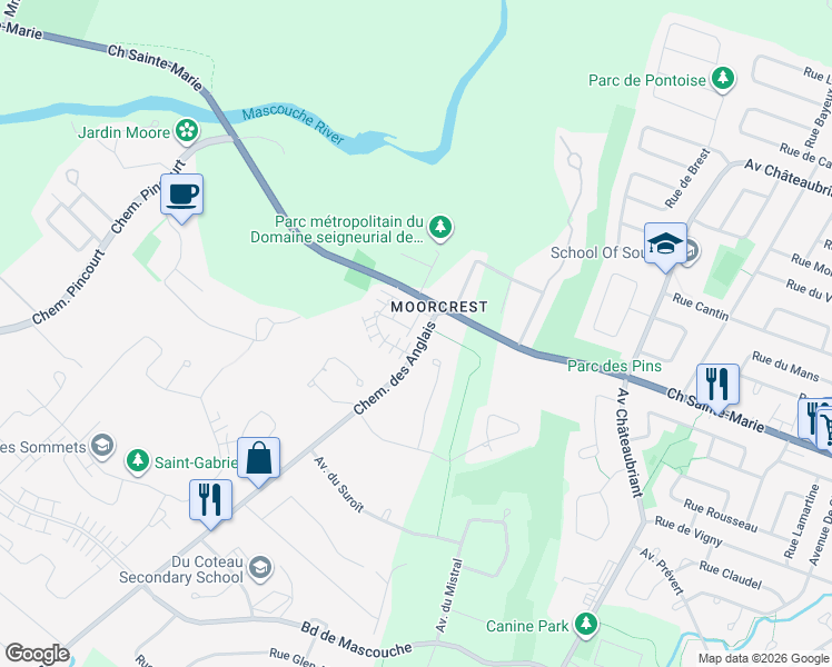 map of restaurants, bars, coffee shops, grocery stores, and more near 1501 Chemin des Anglais in Mascouche
