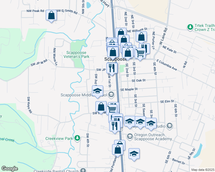 map of restaurants, bars, coffee shops, grocery stores, and more near 33409 Southwest Maple Street in Scappoose