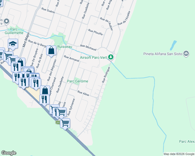 map of restaurants, bars, coffee shops, grocery stores, and more near 4597 Rue Noël in Terrebonne