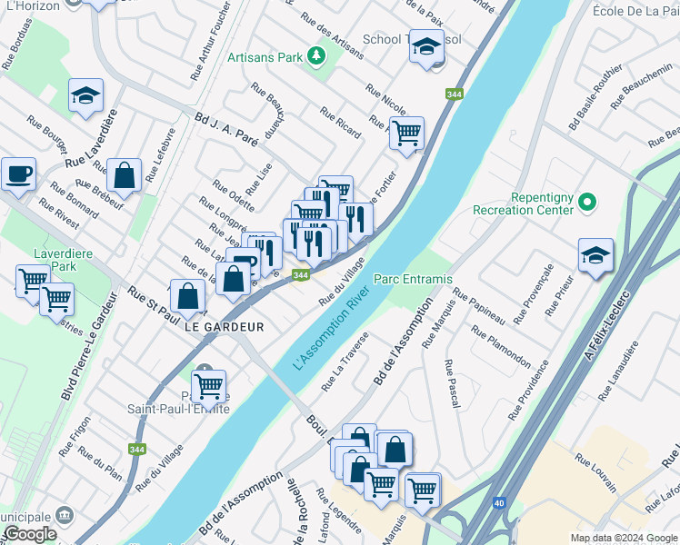 map of restaurants, bars, coffee shops, grocery stores, and more near 514 Boulevard Lacombe in Repentigny