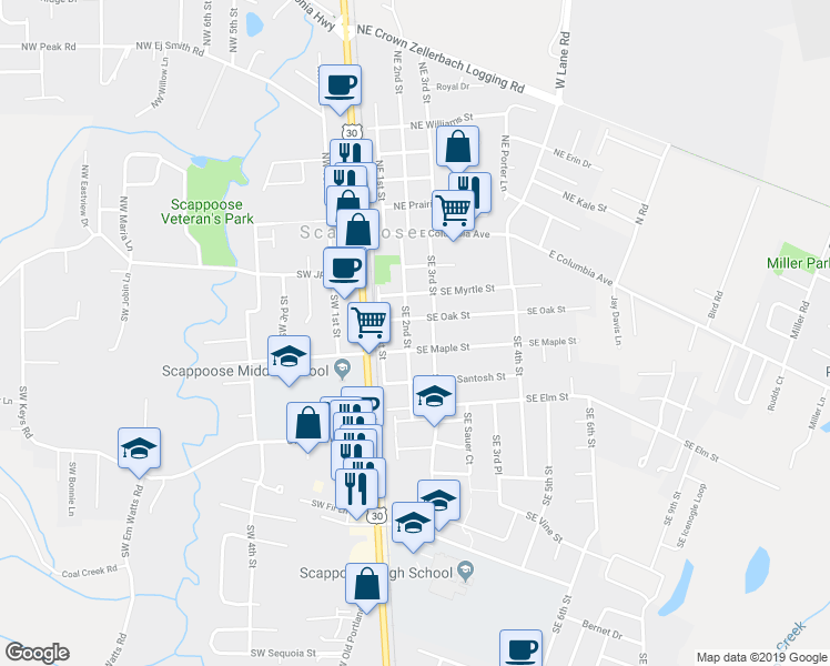 map of restaurants, bars, coffee shops, grocery stores, and more near 33616 Southeast Maple Street in Scappoose
