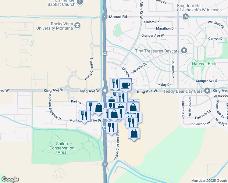 map of restaurants, bars, coffee shops, grocery stores, and more near 3900 King Avenue West in Billings