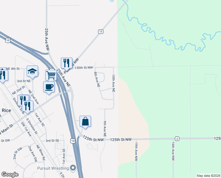 map of restaurants, bars, coffee shops, grocery stores, and more near 907 Northeast 5th Street in Rice