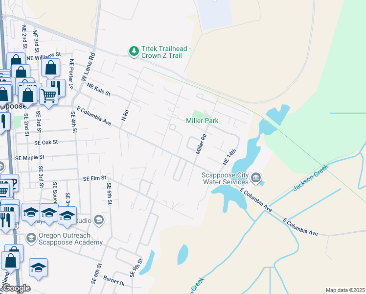 map of restaurants, bars, coffee shops, grocery stores, and more near 34247 East Columbia Avenue in Scappoose