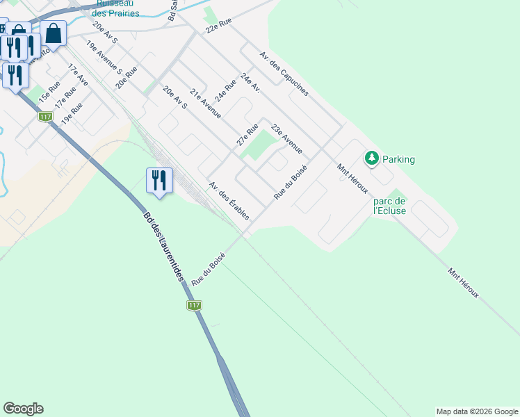 map of restaurants, bars, coffee shops, grocery stores, and more near 755 Rue du Boisé in Saint-Jérôme
