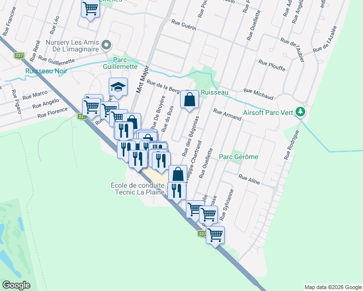 map of restaurants, bars, coffee shops, grocery stores, and more near 1511 Rue des Bernaches in Terrebonne