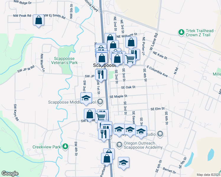 map of restaurants, bars, coffee shops, grocery stores, and more near Southeast 1st Street in Scappoose