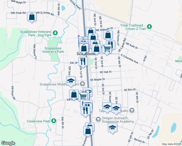 map of restaurants, bars, coffee shops, grocery stores, and more near Southeast 1st Street in Scappoose