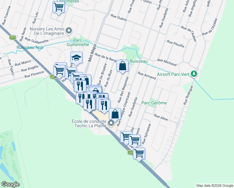 map of restaurants, bars, coffee shops, grocery stores, and more near 1511 Rue des Bernaches in Terrebonne