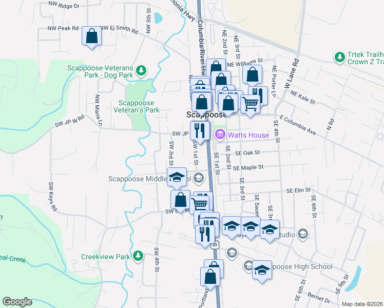 map of restaurants, bars, coffee shops, grocery stores, and more near 52401 Southwest 2nd Street in Scappoose