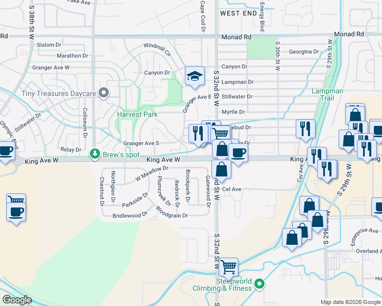 map of restaurants, bars, coffee shops, grocery stores, and more near 3222 Henesta Drive in Billings
