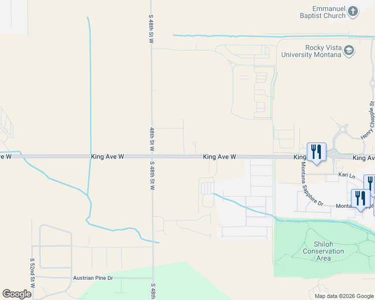 map of restaurants, bars, coffee shops, grocery stores, and more near 4625 King Avenue West in Billings