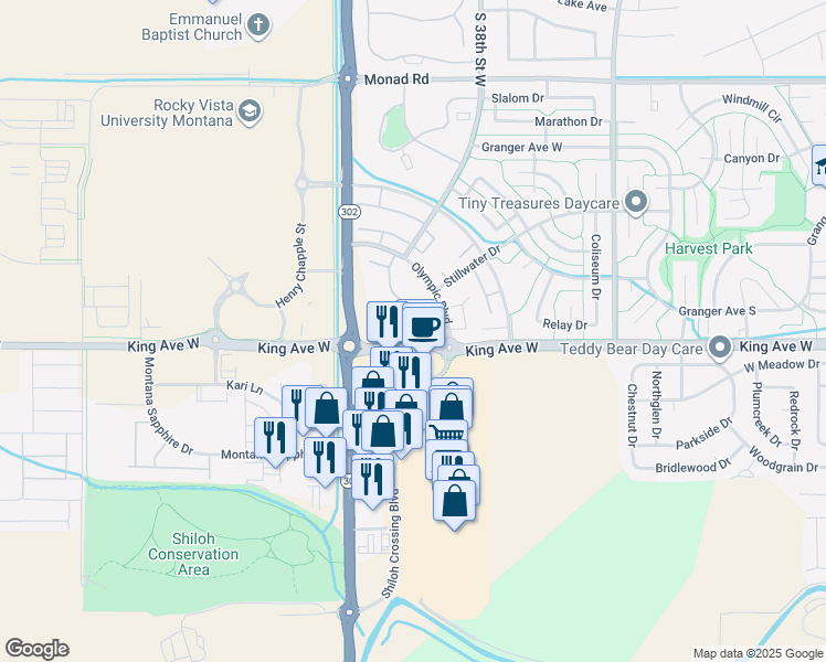 map of restaurants, bars, coffee shops, grocery stores, and more near 3915 King Avenue West in Billings
