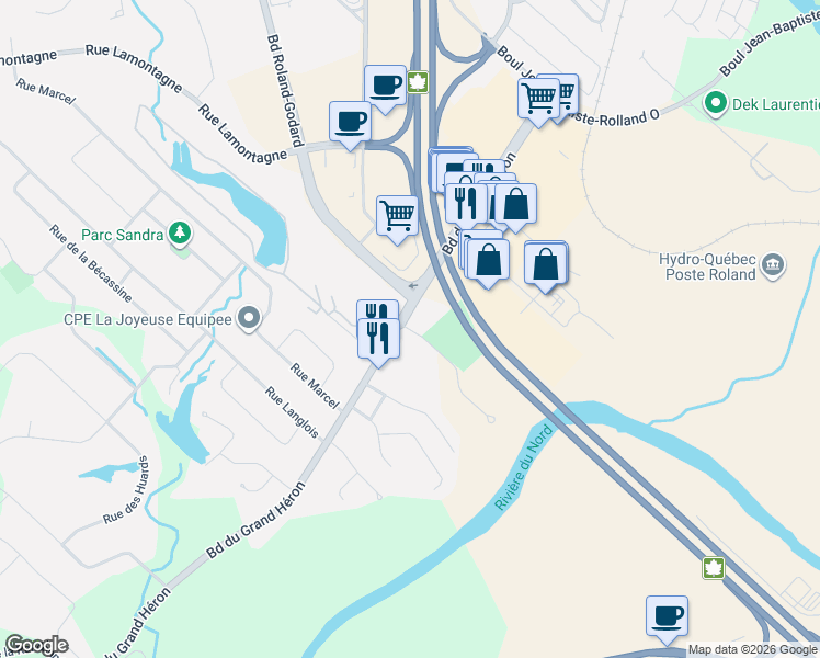 map of restaurants, bars, coffee shops, grocery stores, and more near 2 Rue Maher in Saint-Jérôme