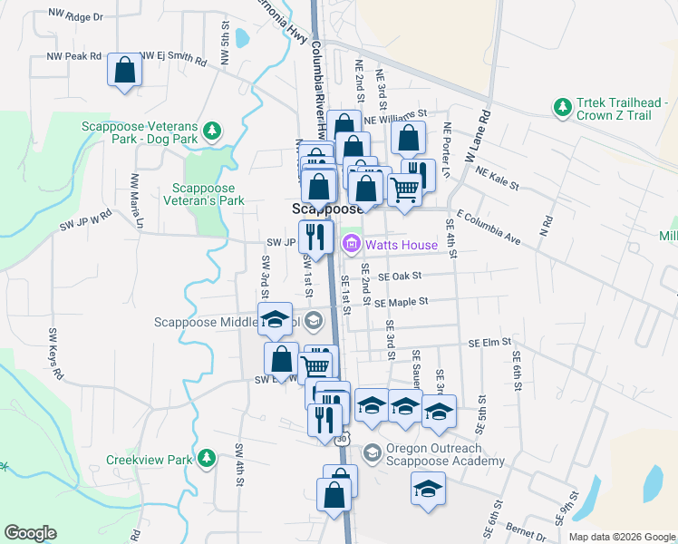 map of restaurants, bars, coffee shops, grocery stores, and more near 52432 Southeast 1st Street in Scappoose