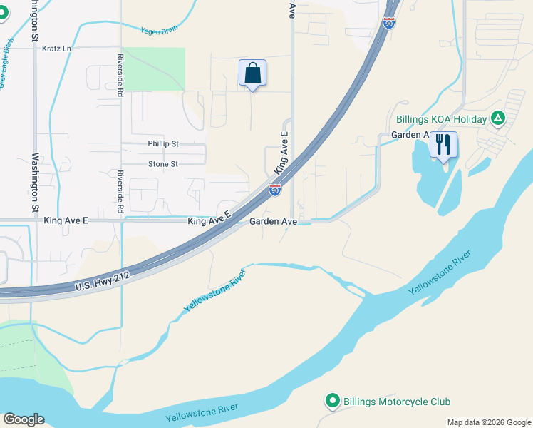map of restaurants, bars, coffee shops, grocery stores, and more near 1037 Riverside Drive in Billings