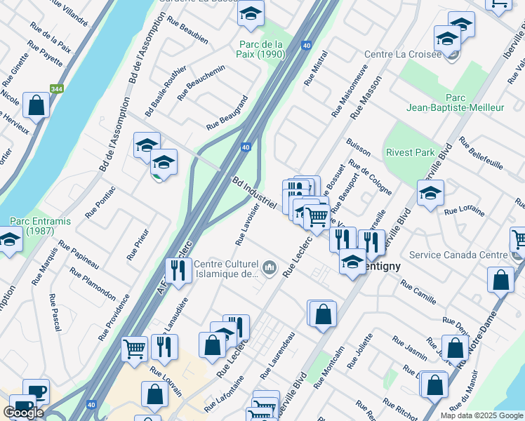 map of restaurants, bars, coffee shops, grocery stores, and more near 120 Boulevard Industriel in Repentigny