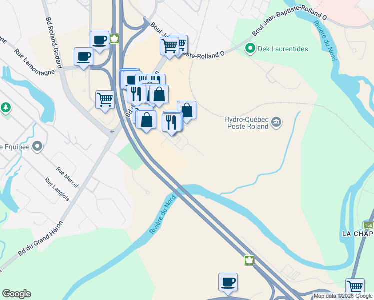 map of restaurants, bars, coffee shops, grocery stores, and more near 97 Rue Valmont in Saint-Jérôme