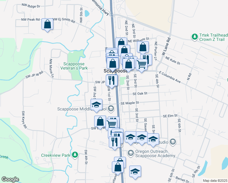 map of restaurants, bars, coffee shops, grocery stores, and more near 52381 Columbia River Highway in Scappoose