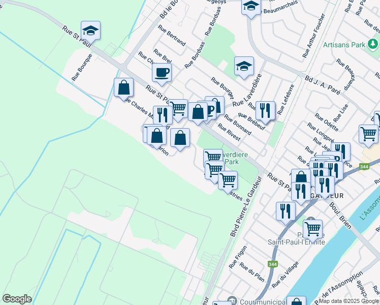 map of restaurants, bars, coffee shops, grocery stores, and more near 319A Rue Charles Marchand in Repentigny
