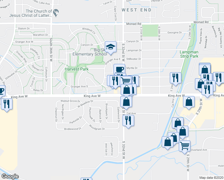 map of restaurants, bars, coffee shops, grocery stores, and more near 3262 Henesta Drive in Billings