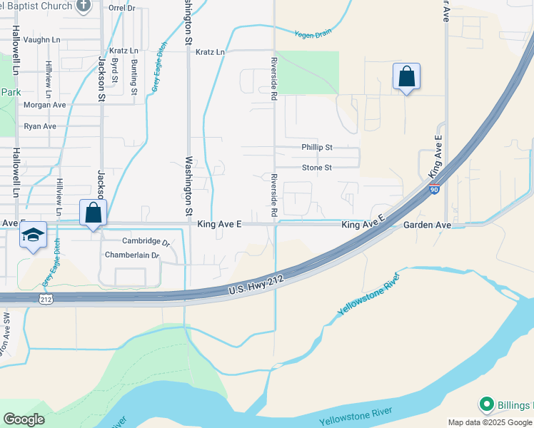 map of restaurants, bars, coffee shops, grocery stores, and more near 736 Riverside Road in Billings