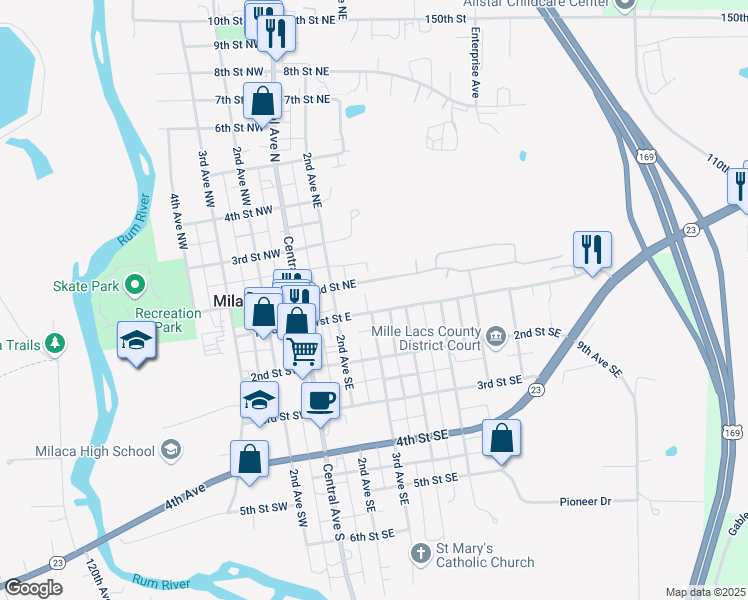 map of restaurants, bars, coffee shops, grocery stores, and more near 310 1st Street East in Milaca