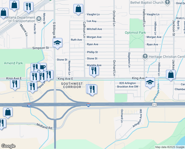 map of restaurants, bars, coffee shops, grocery stores, and more near 4517 King Avenue East in Billings