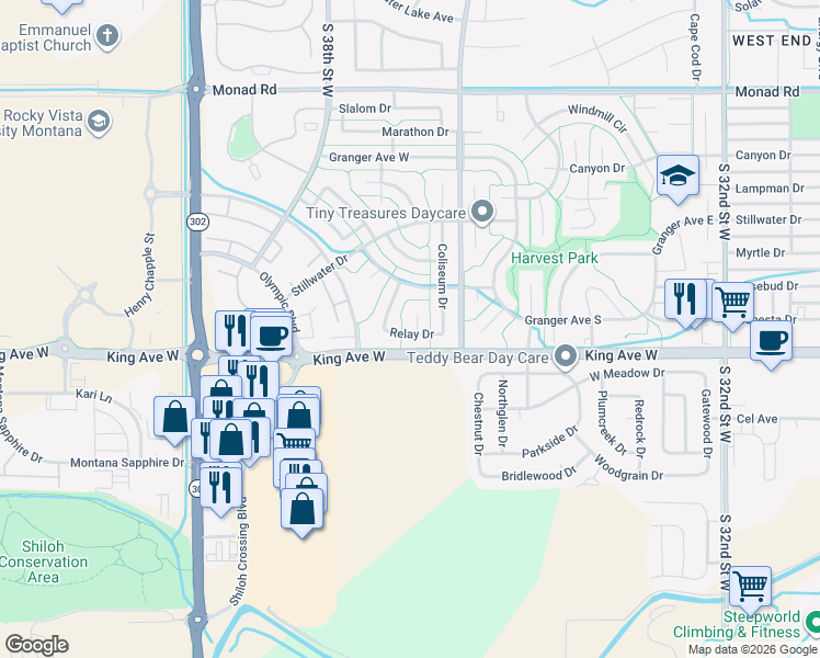 map of restaurants, bars, coffee shops, grocery stores, and more near 760 Discus Circle in Billings