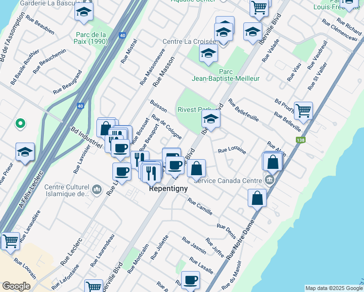 map of restaurants, bars, coffee shops, grocery stores, and more near 658 Rue de Marseille in Repentigny
