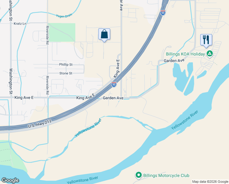 map of restaurants, bars, coffee shops, grocery stores, and more near 1037 Riverside Dr in Billings