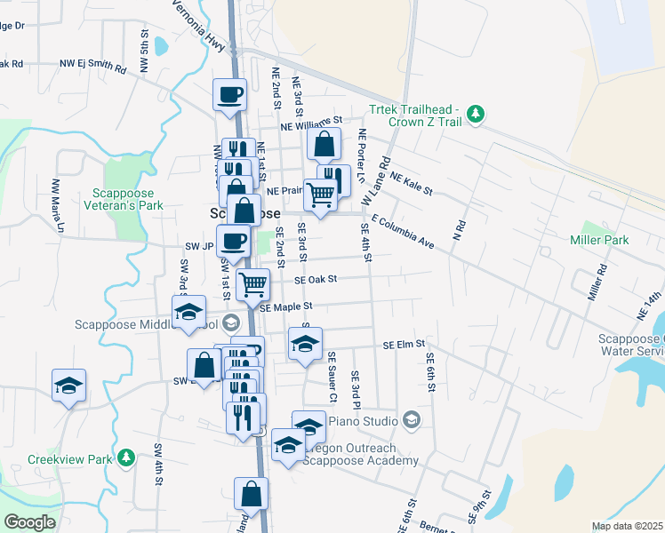 map of restaurants, bars, coffee shops, grocery stores, and more near 33694 Southeast Myrtle Street in Scappoose