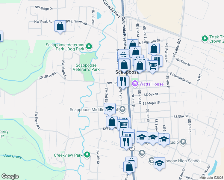 map of restaurants, bars, coffee shops, grocery stores, and more near 52401 Southwest 2nd Street in Scappoose