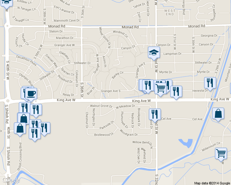 map of restaurants, bars, coffee shops, grocery stores, and more near 3462 Barley Circle in Billings