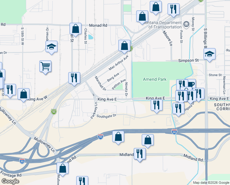 map of restaurants, bars, coffee shops, grocery stores, and more near 34 Marshall Ave in Billings