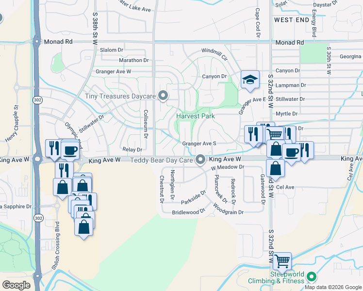 map of restaurants, bars, coffee shops, grocery stores, and more near 3502 Granger Avenue South in Billings