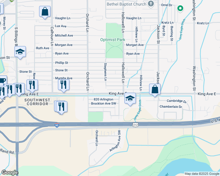 map of restaurants, bars, coffee shops, grocery stores, and more near 4238 Jansma Avenue in Billings