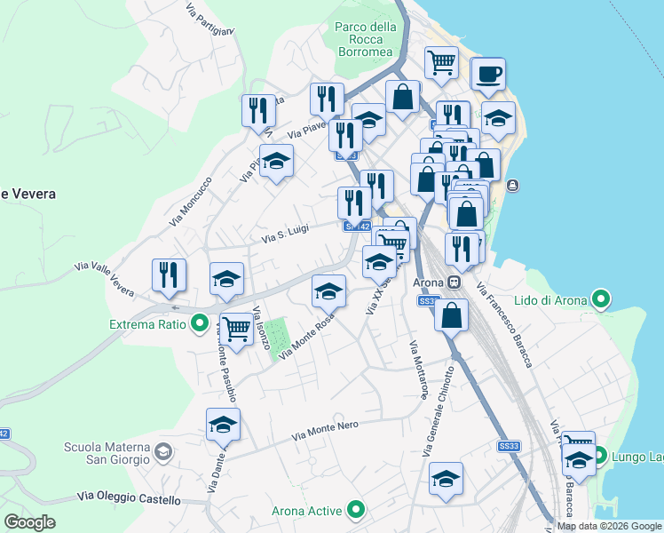 map of restaurants, bars, coffee shops, grocery stores, and more near 36 Via Vittorio Veneto in Arona