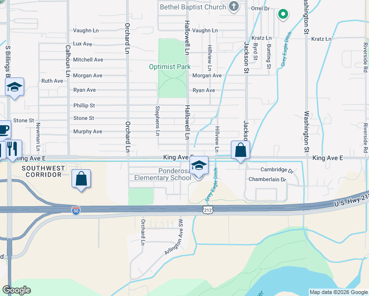 map of restaurants, bars, coffee shops, grocery stores, and more near 720 Hallowell Ln in Billings