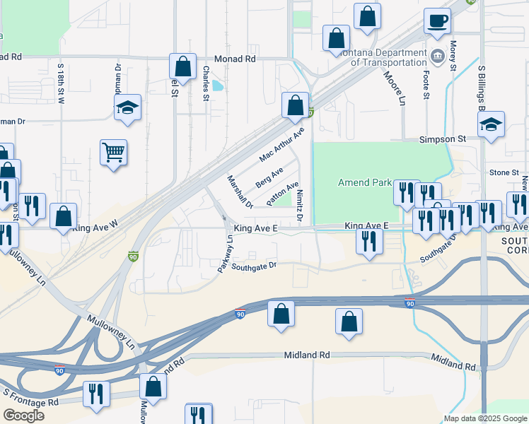 map of restaurants, bars, coffee shops, grocery stores, and more near 34 Marshall Avenue in Billings