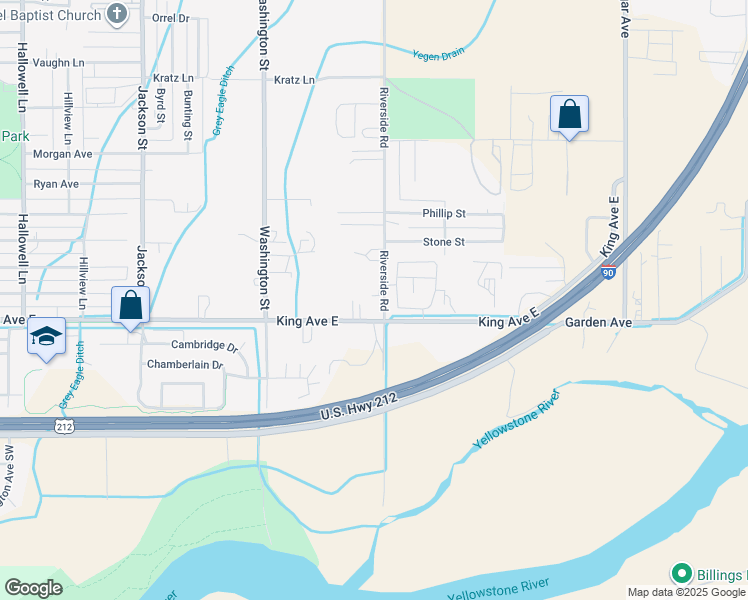 map of restaurants, bars, coffee shops, grocery stores, and more near 736 Riverside Road in Billings