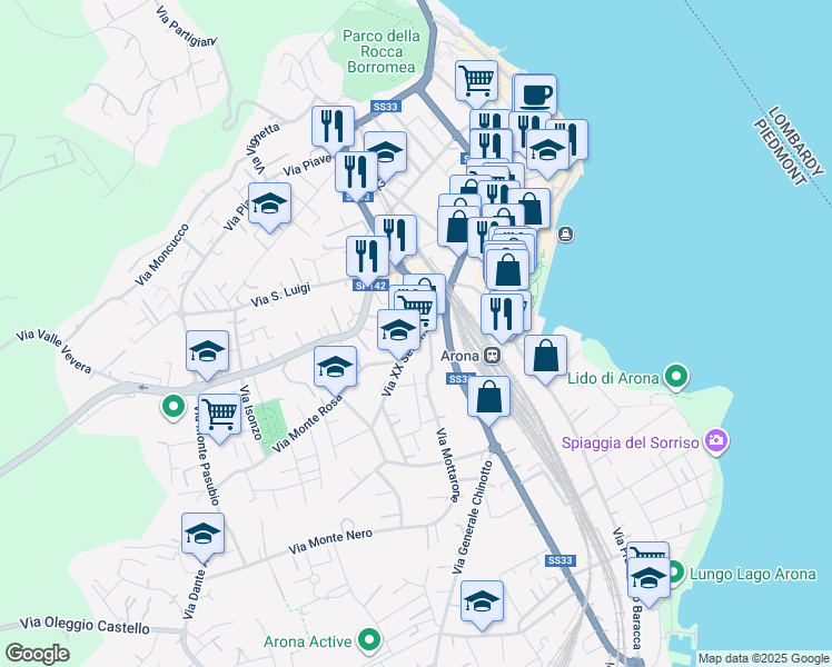 map of restaurants, bars, coffee shops, grocery stores, and more near 20 Via XX Settembre in Arona