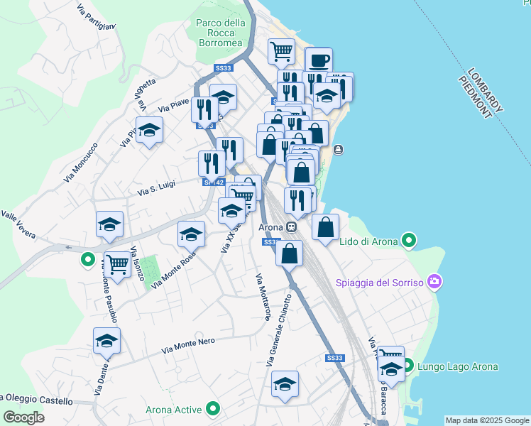 map of restaurants, bars, coffee shops, grocery stores, and more near 5 Via Milano in Arona