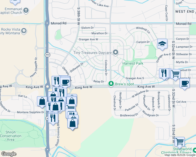 map of restaurants, bars, coffee shops, grocery stores, and more near 760 Discus Circle in Billings