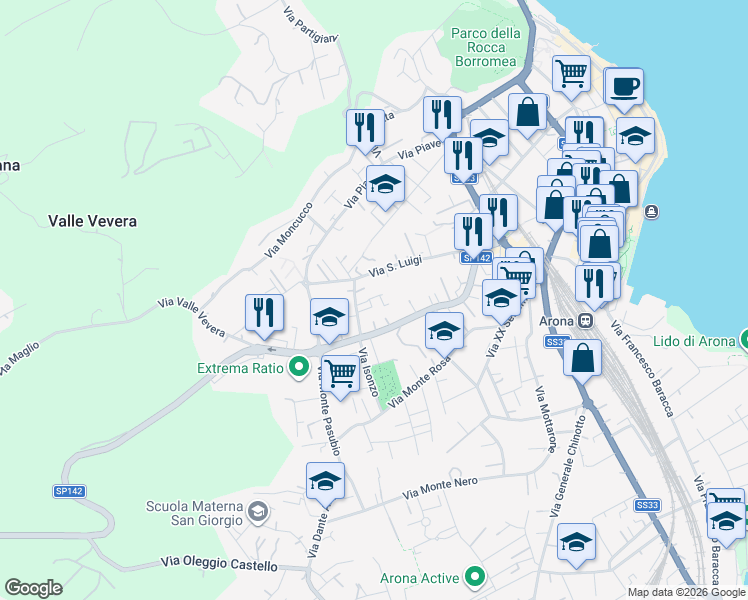 map of restaurants, bars, coffee shops, grocery stores, and more near 4 Via Giovanni Verga in Arona