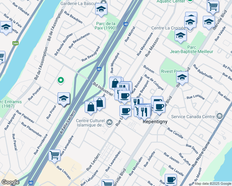 map of restaurants, bars, coffee shops, grocery stores, and more near 120 Boulevard Industriel in Repentigny