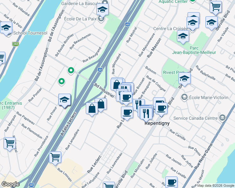 map of restaurants, bars, coffee shops, grocery stores, and more near 123 Boulevard Industriel in Repentigny