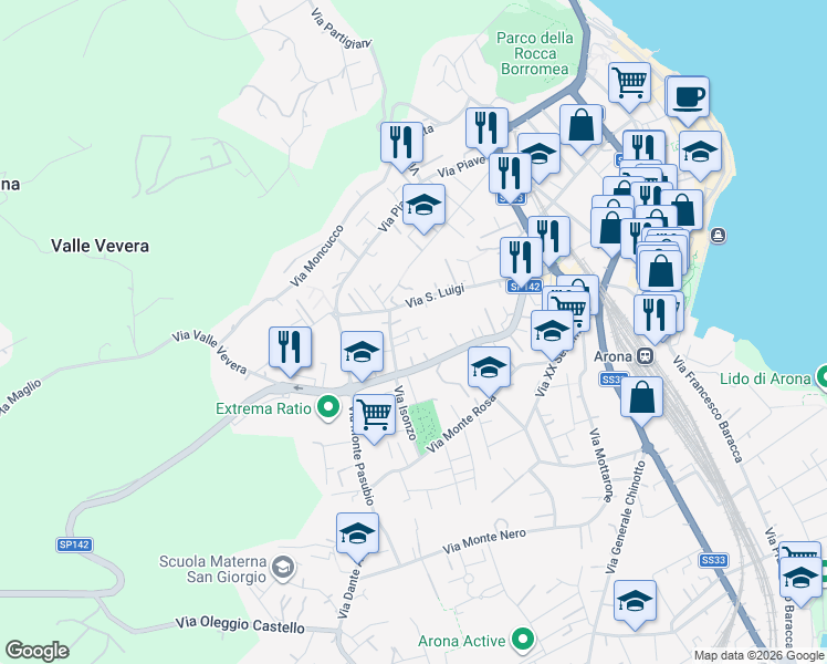 map of restaurants, bars, coffee shops, grocery stores, and more near 4 Via Giovanni Verga in Arona