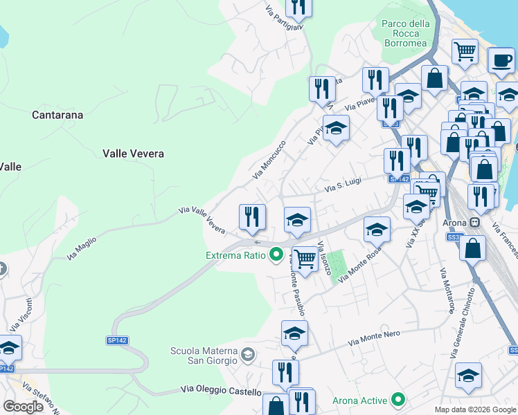 map of restaurants, bars, coffee shops, grocery stores, and more near 84 Via San Luigi in Arona